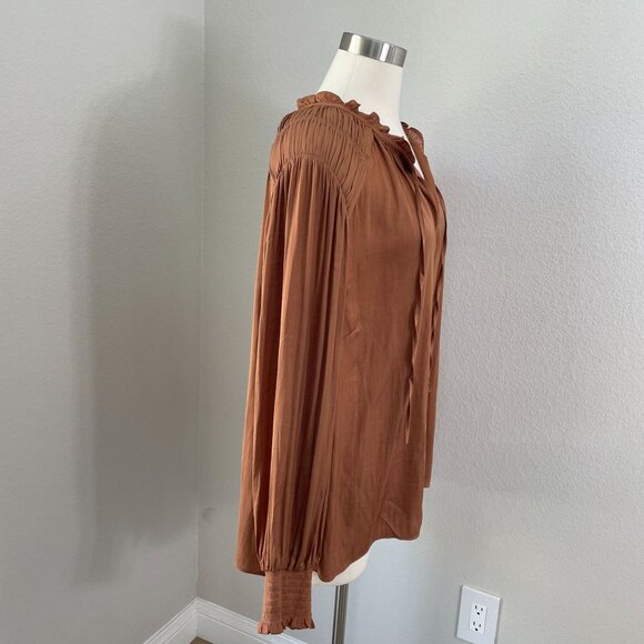Joie Womens Plus 2X Rust Orange Long Sleeve Ruffle Neck Blouse Top Satin Shirt - Picture 3 of 11